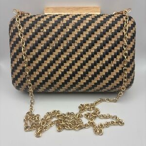 Urban Expressions Certified Vegan Clutch Black/Beige Woven Purse Gold Chain